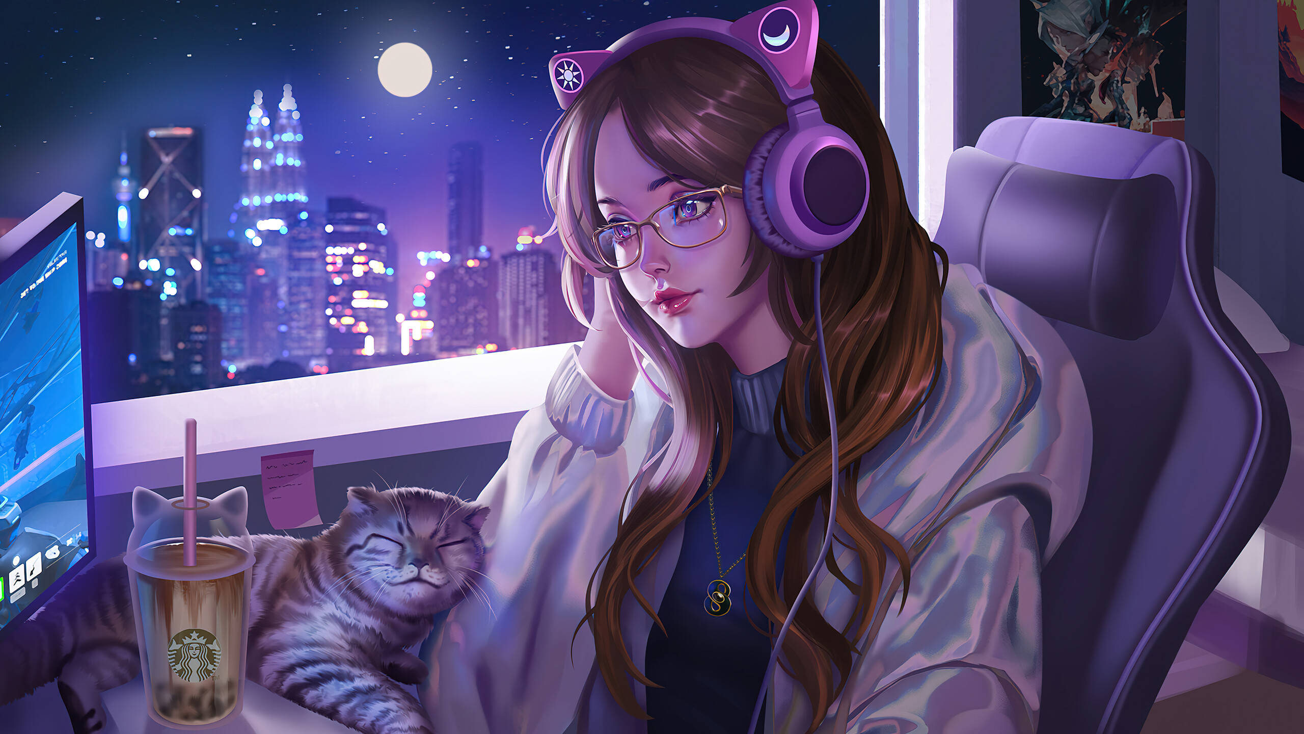 Lo Fi iPhone, cat ears headphones, Starbucks drink, 2K Desktop Wallpaper