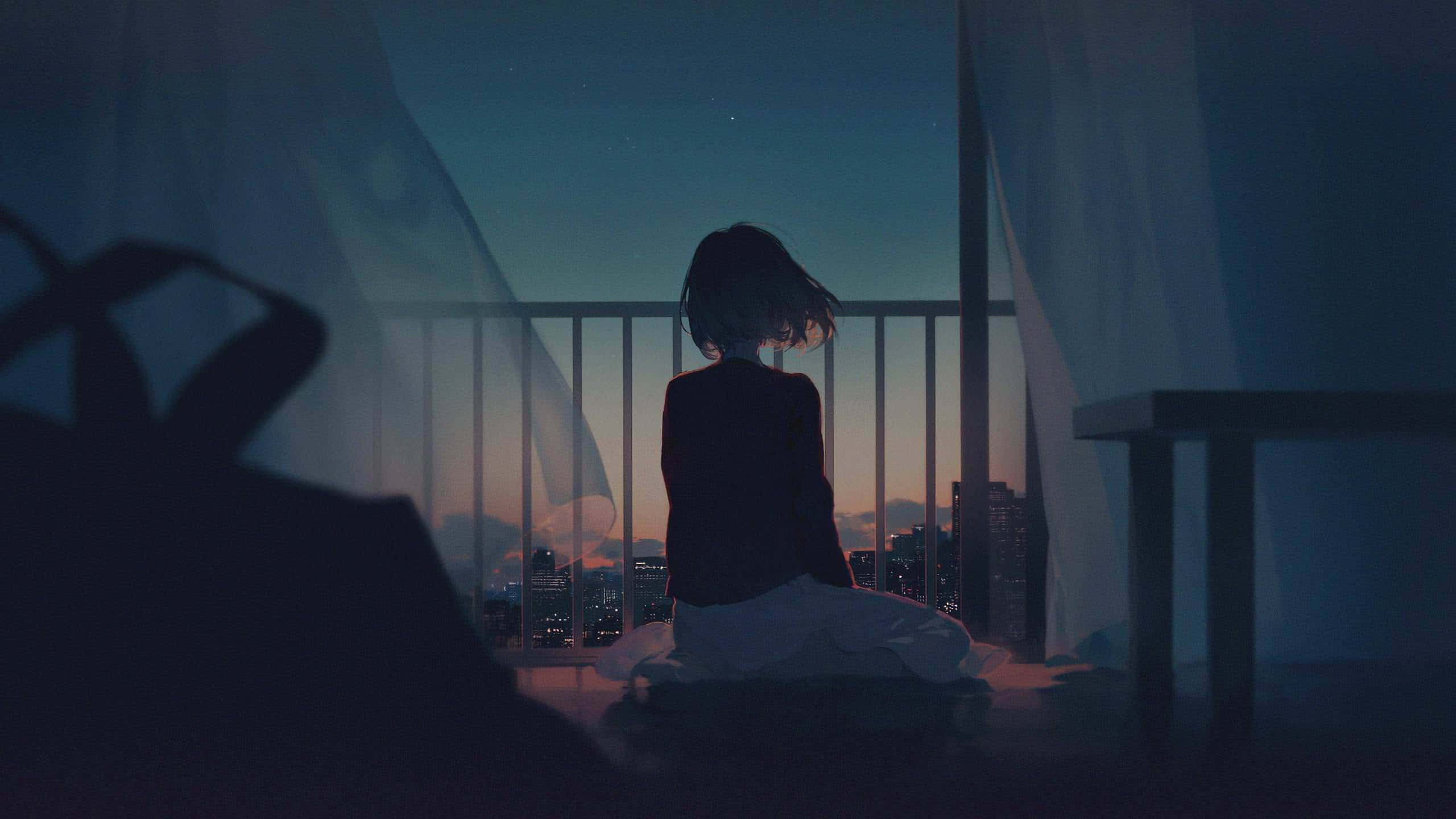 lo fi room, balcony, twilight, 2K Desktop Wallpaper