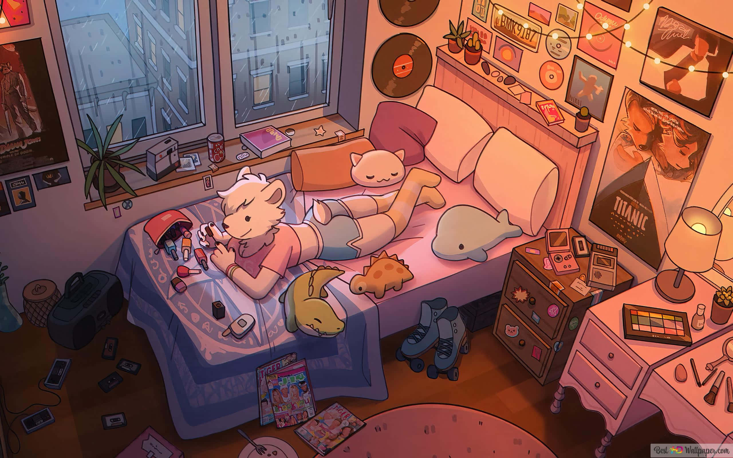 Lo Fi Room, anime-style bedroom, white-haired girl, 2K Desktop Wallpaper