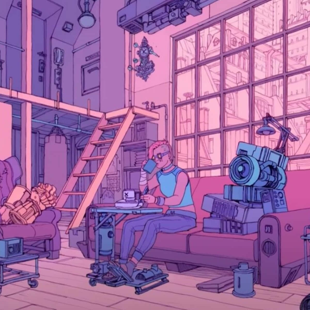 lo fi room, pink-hued, anime-style room, SD Desktop Wallpaper