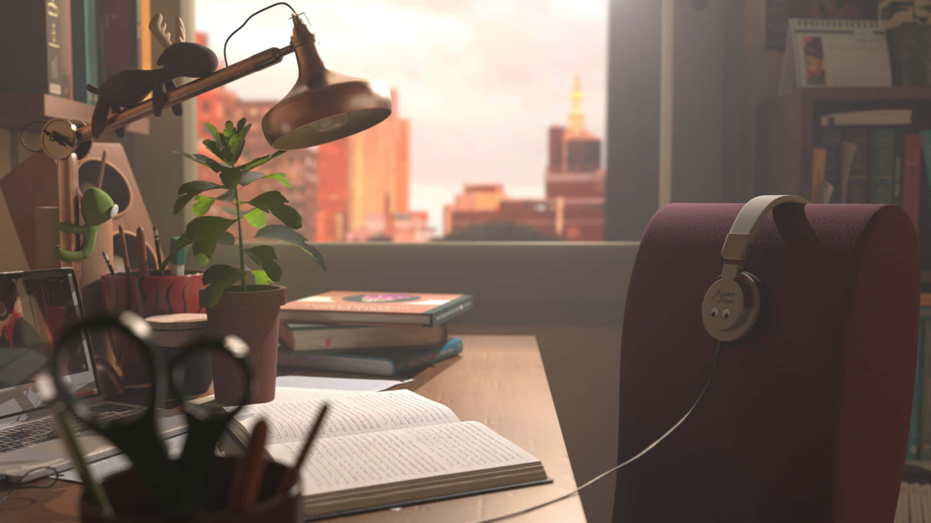 Lo Fi Room, warm sunset light, cityscape, Full HD Desktop Wallpaper