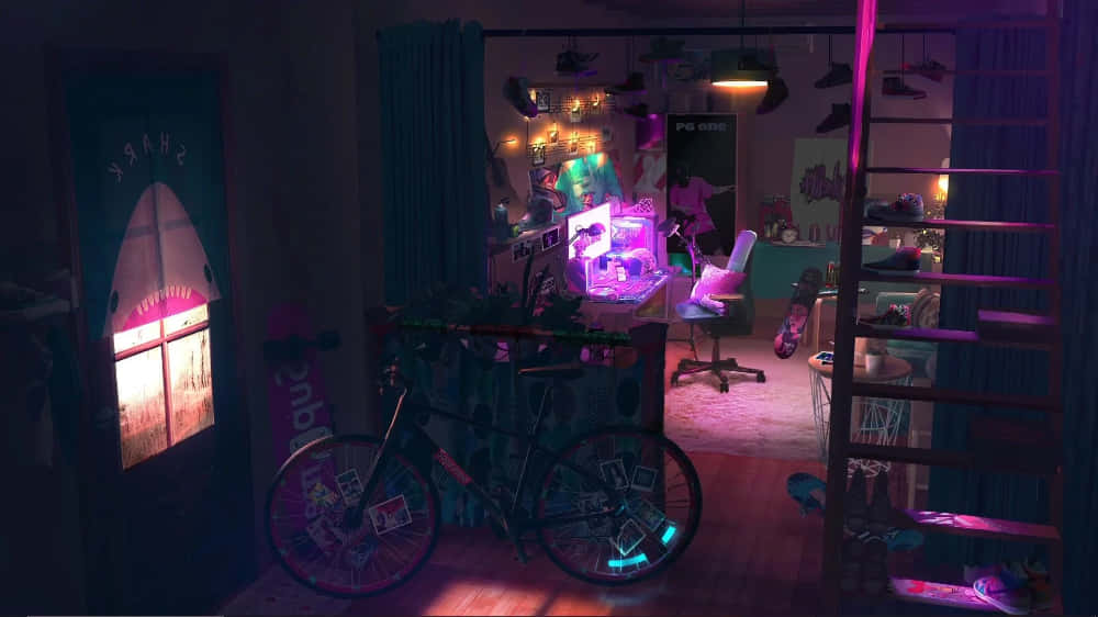 Lo Fi Room, neon pink glow, bicycle covered in stickers, SD Desktop Wallpaper