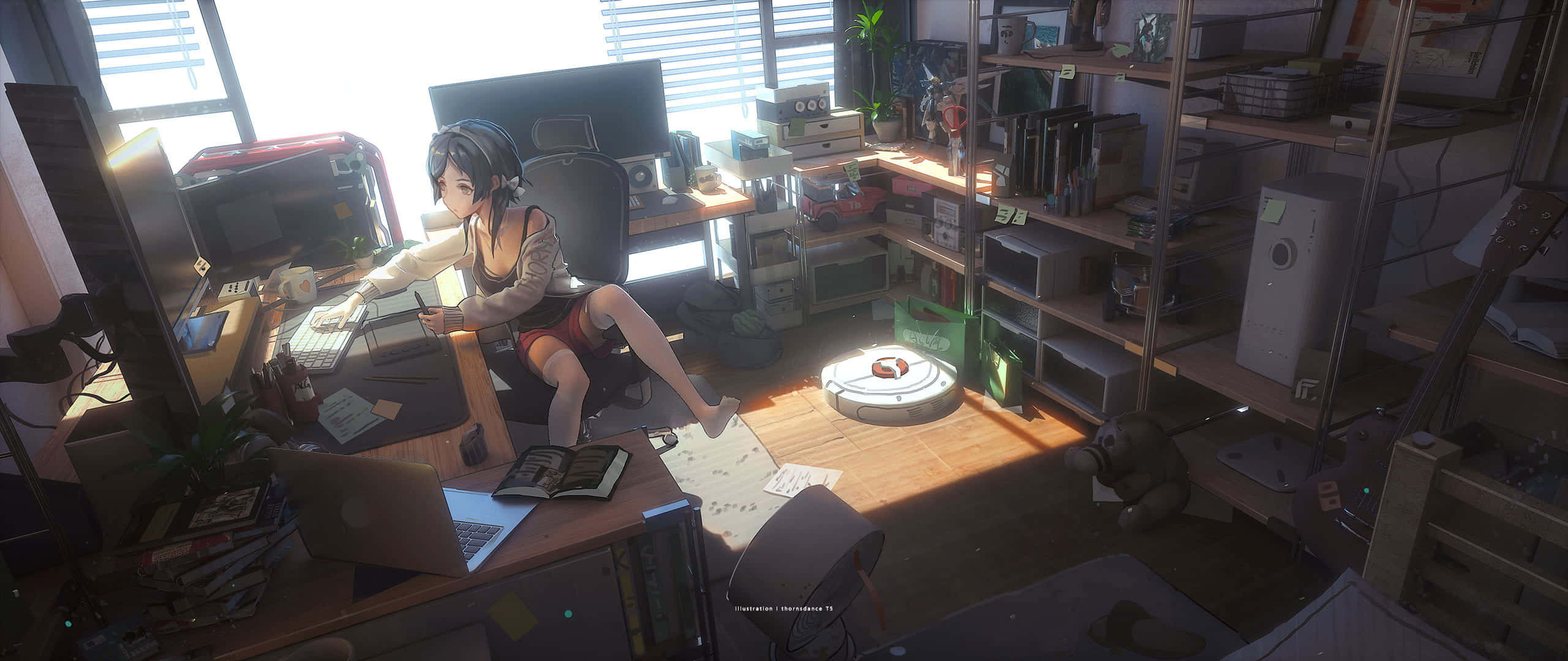 Lo Fi Room, robotic vacuum, sunlit, 2K Desktop Wallpaper