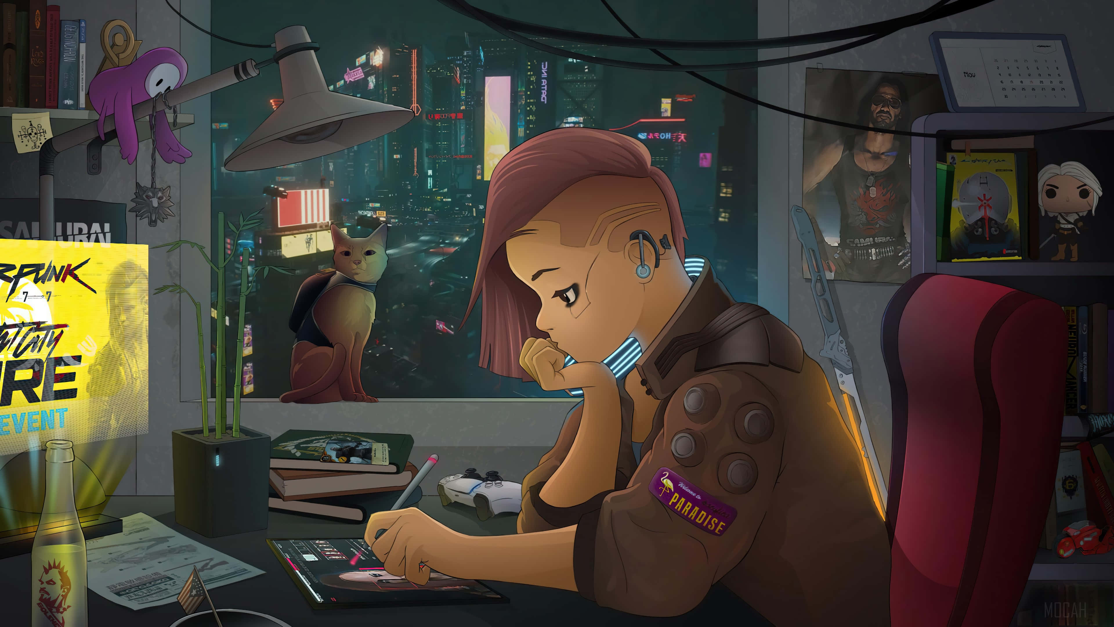 Lo-Fi Room, cyberpunk artist, short brown hair, 4K Desktop Wallpaper