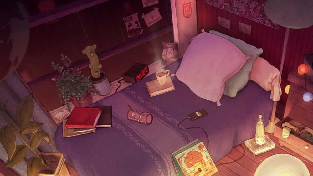 Lo Fi Room, purple bedroom, warm lighting, SD Desktop Wallpaper