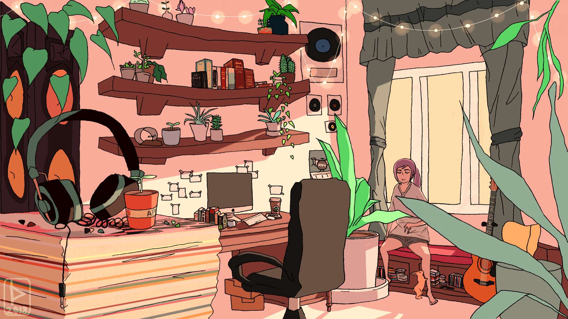 Lo Fi Room, Modern Lo-Fi Living Room, plants, Full HD Desktop Wallpaper