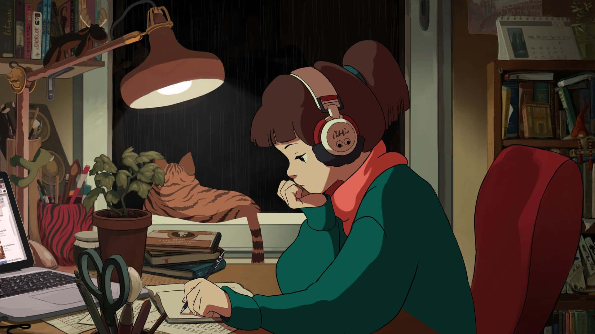 Lo Fi Room, young woman, headphones, Full HD Desktop Wallpaper
