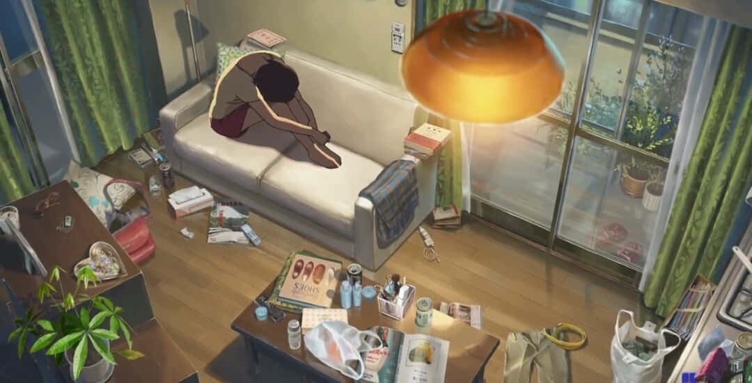 lo fi room, cluttered living room sofa, warm hanging lamp, SD Desktop Wallpaper