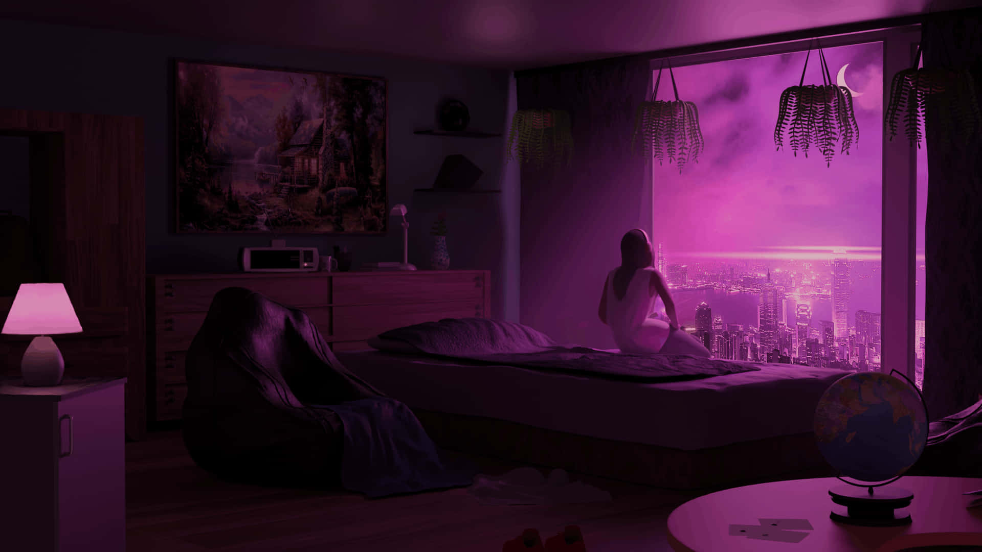lo fi room, glowing purple cityscape, crescent moon, Full HD Desktop Wallpaper