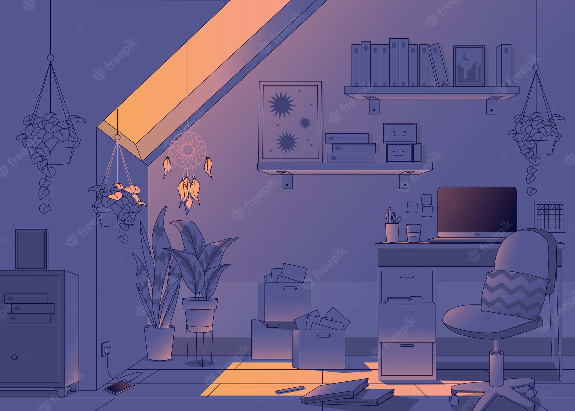 Lo Fi Room, attic home office, warm sunset glow, Full HD Desktop Wallpaper