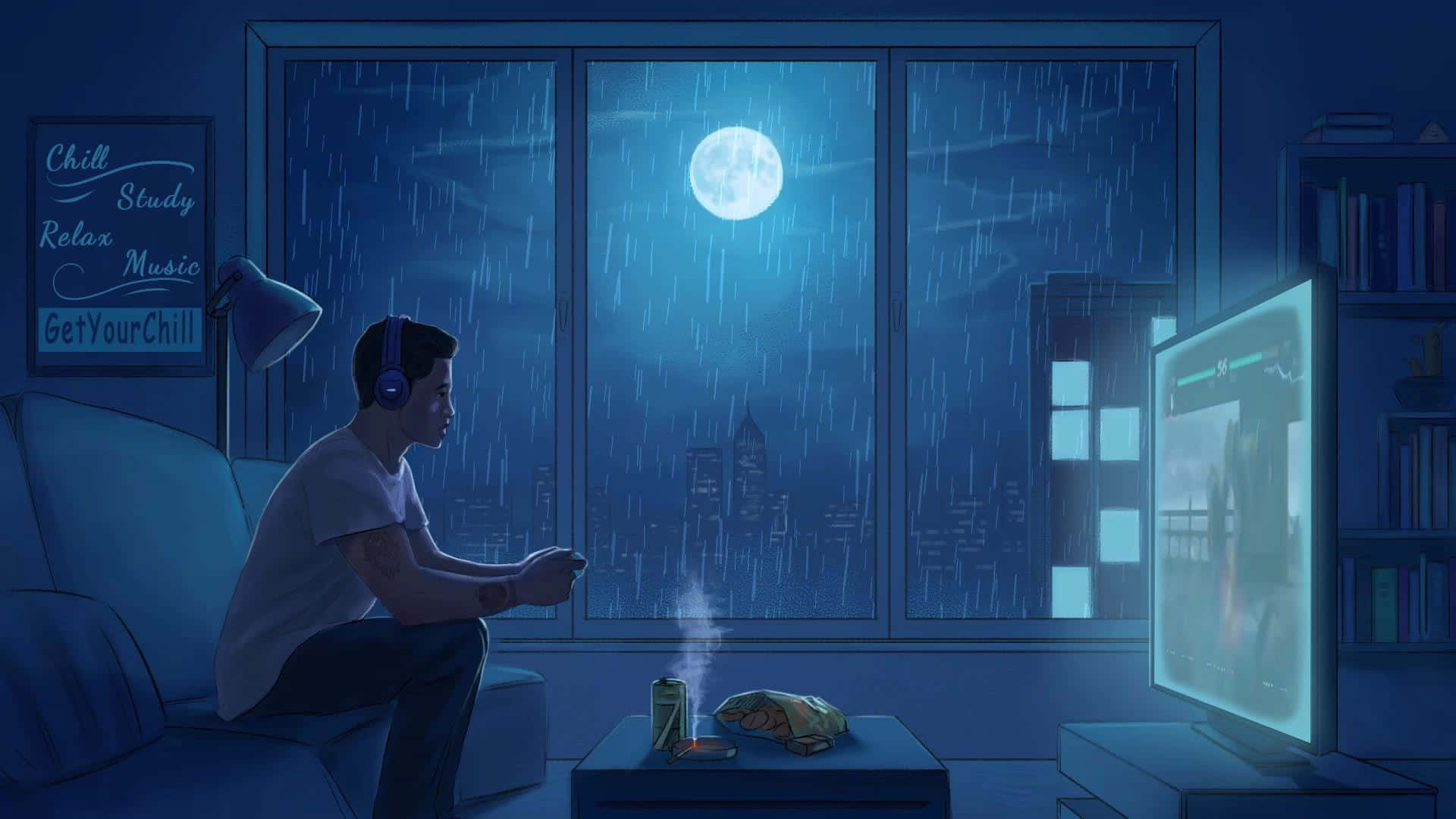 Lo-Fi Room, young man, headphones, Full HD Desktop Wallpaper