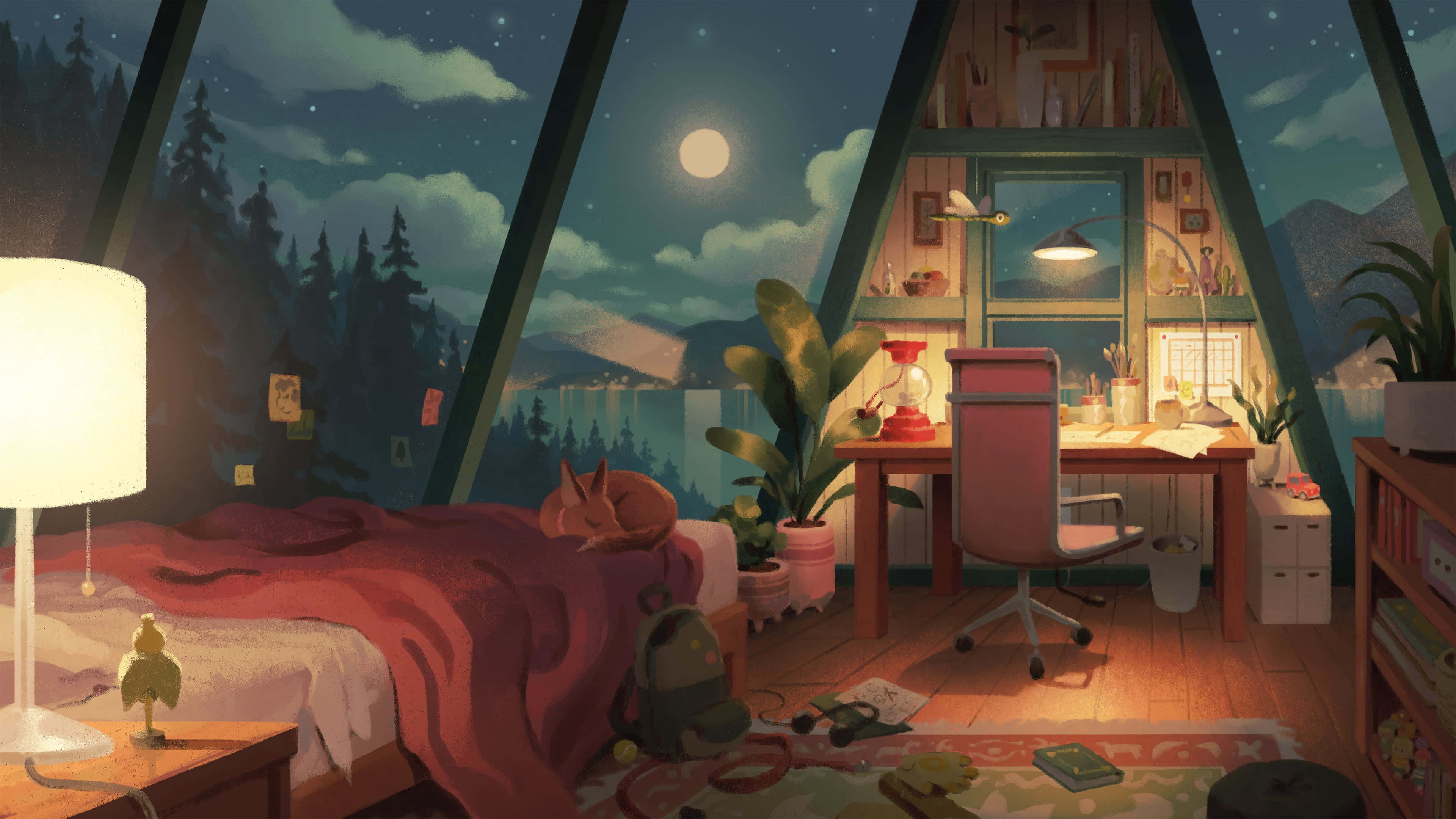a-frame cabin, bedroom, night, 4K Desktop Wallpaper