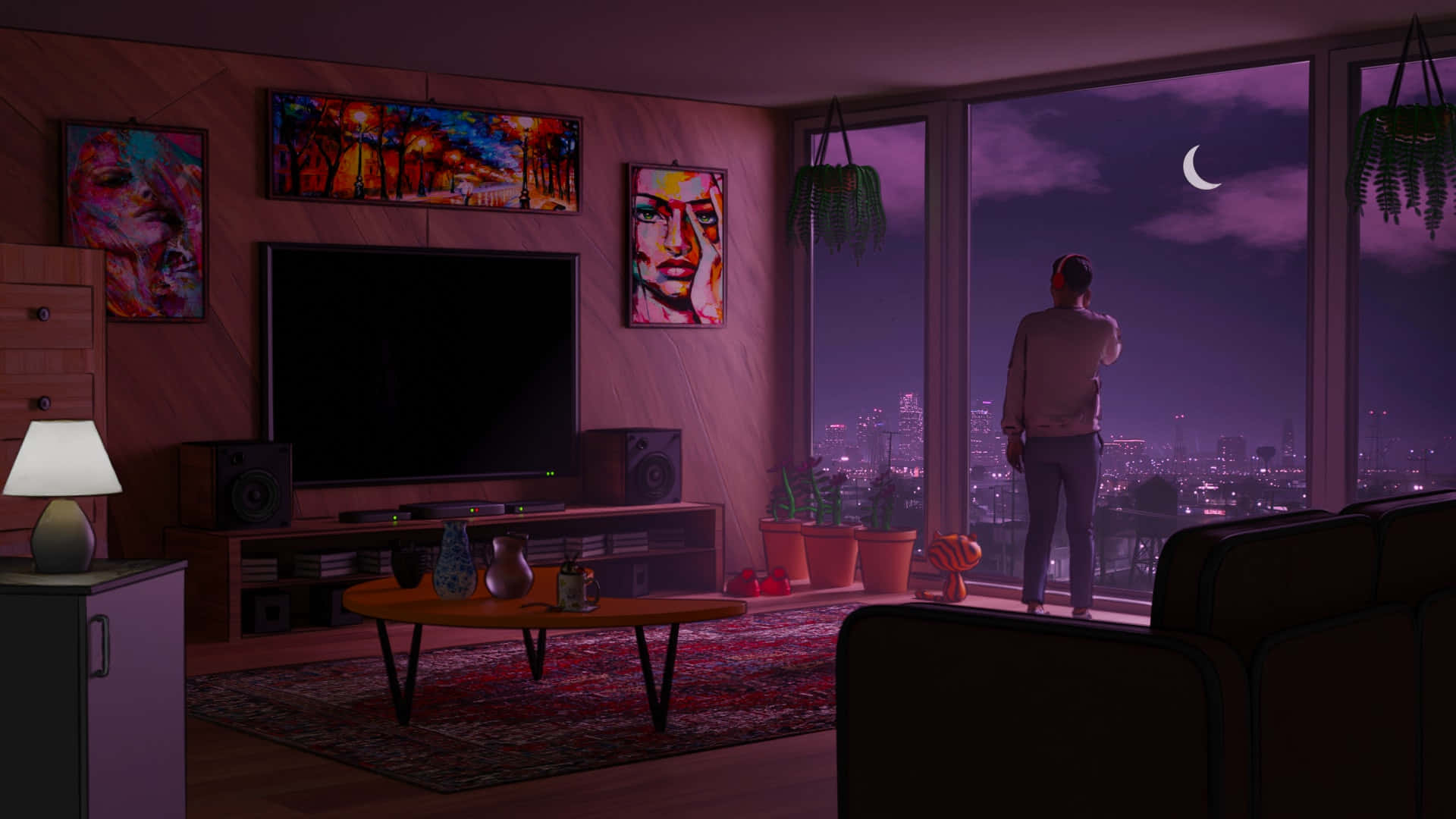 Lo Fi Room, purple twilight sky, crescent moon, Full HD Desktop Wallpaper