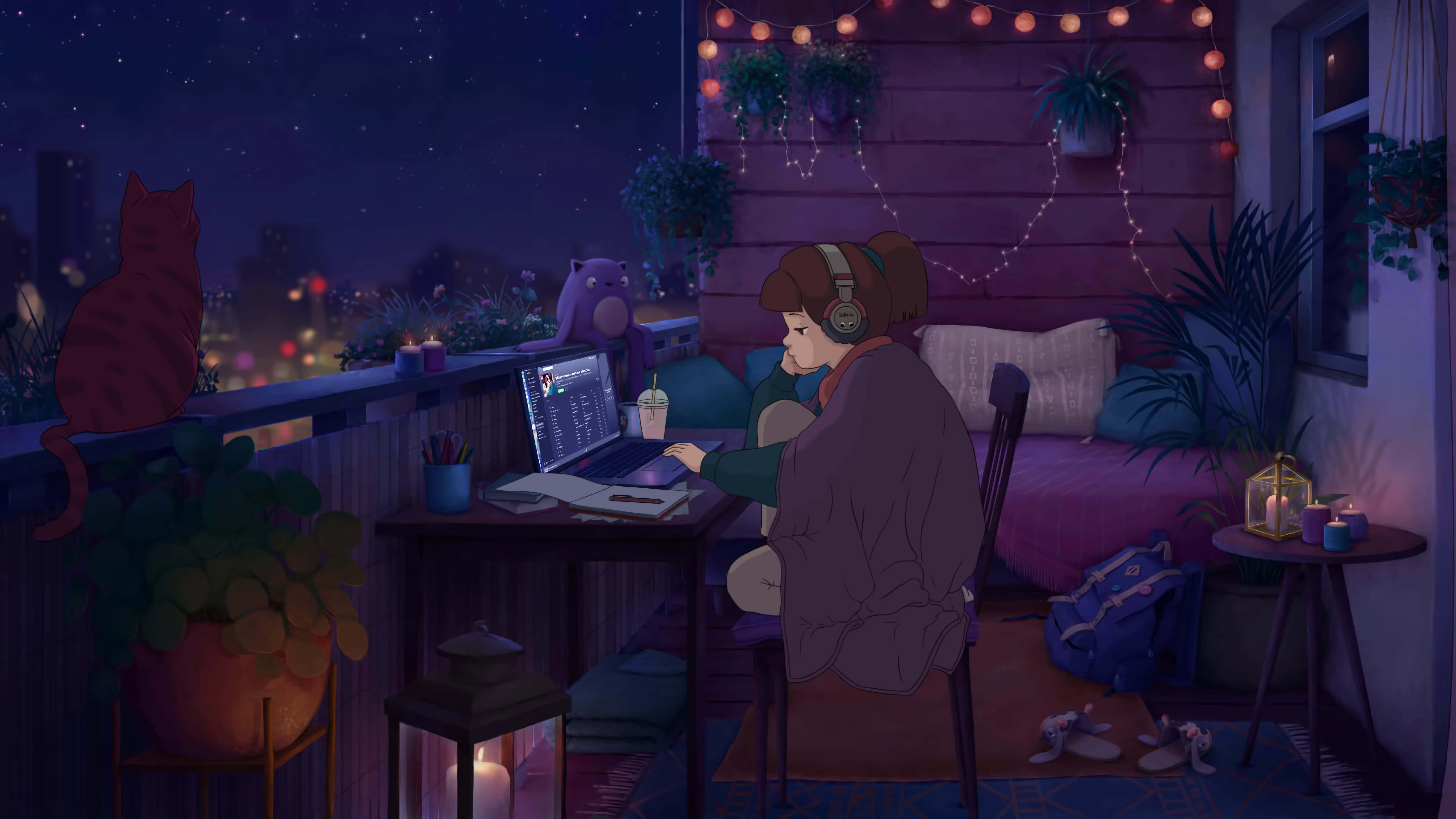lo fi room, string lights, cozy nighttime balcony, 8K Desktop Wallpaper