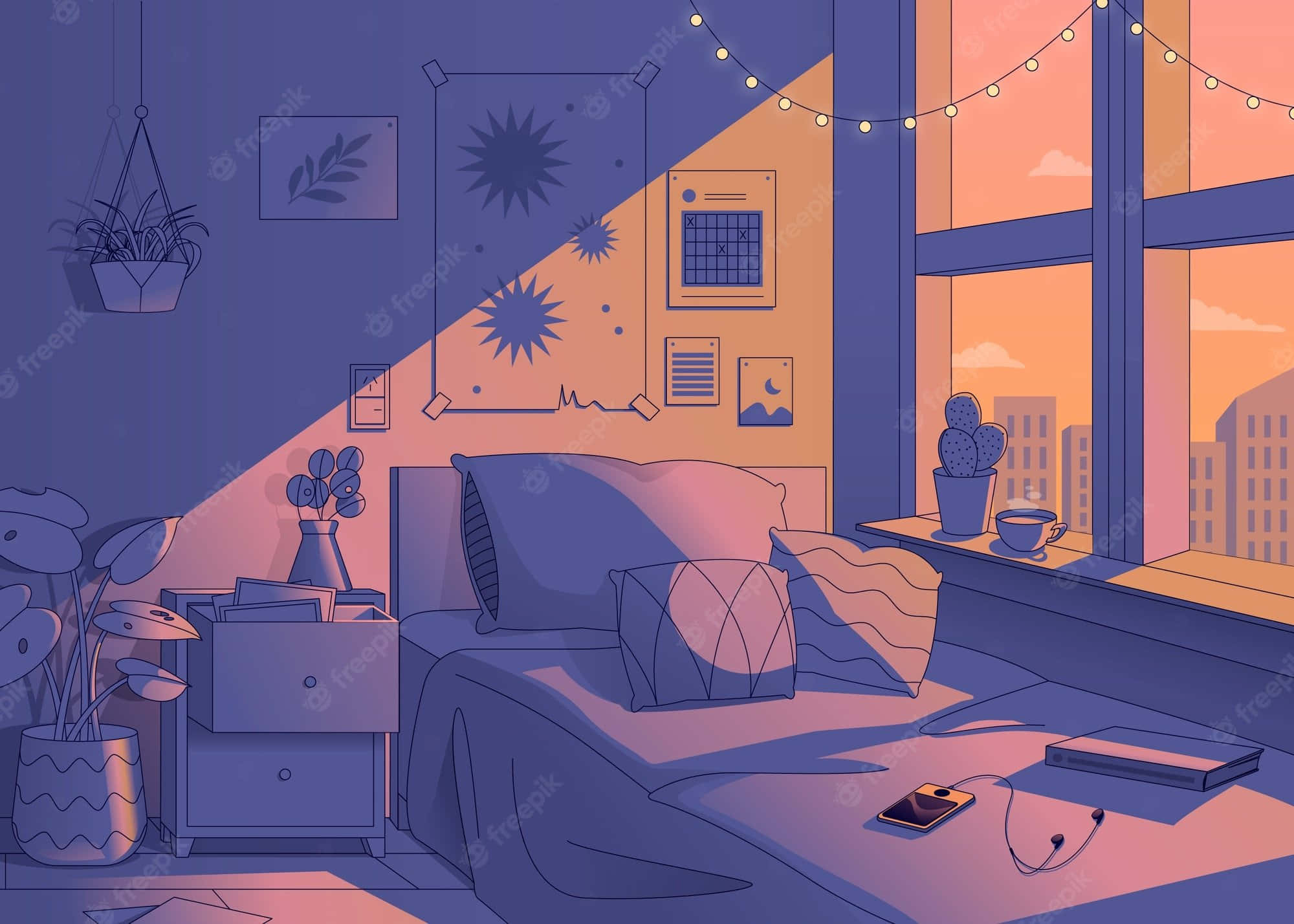 lo fi room, warm sunset glow, large window, Full HD Desktop Wallpaper