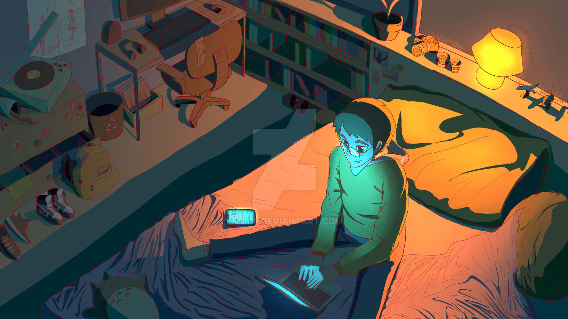 lo fi room, blue skin, bed, Full HD Desktop Wallpaper