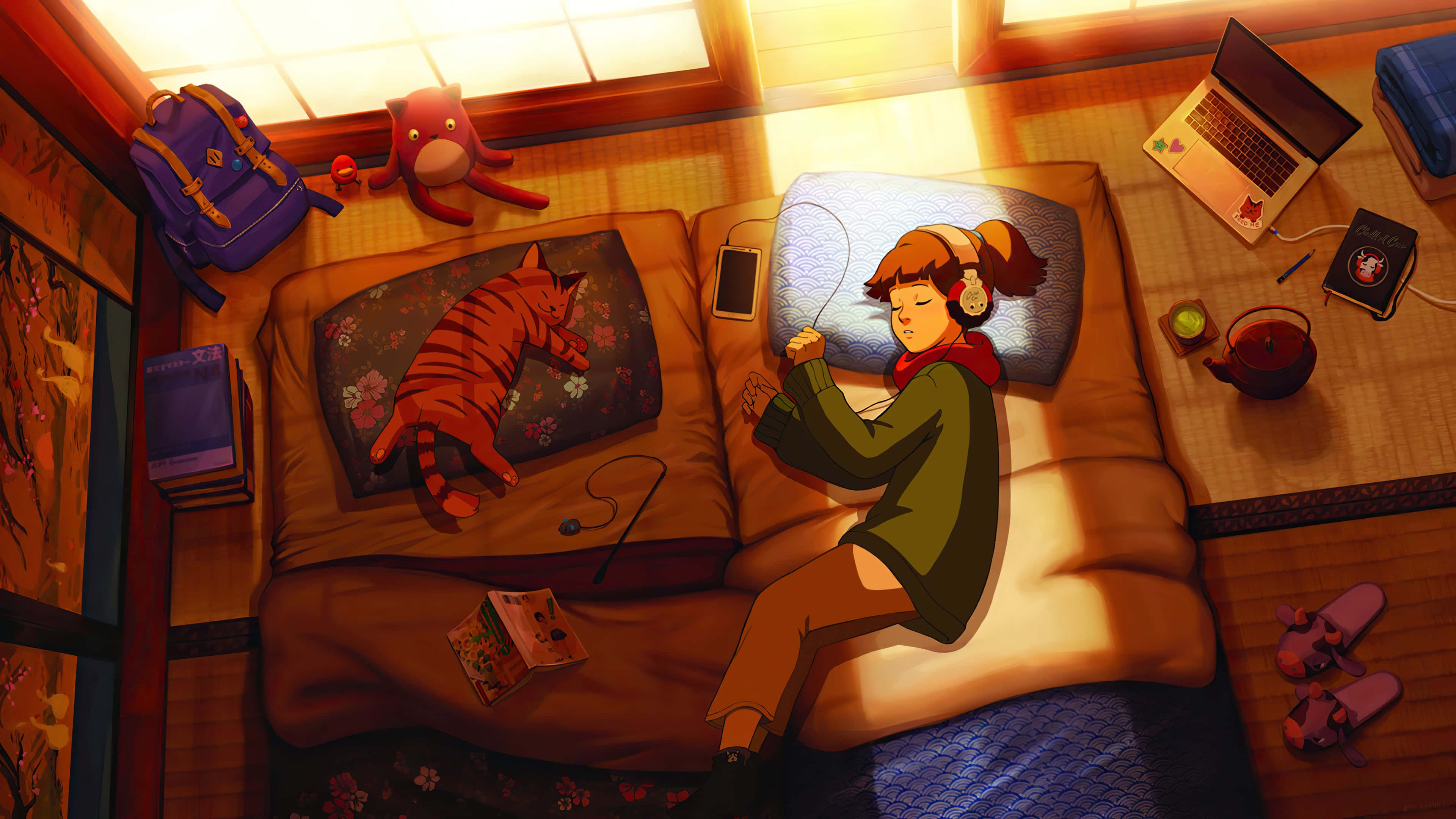 Lo Fi Room, anime-style girl, headphones, 4K Desktop Wallpaper