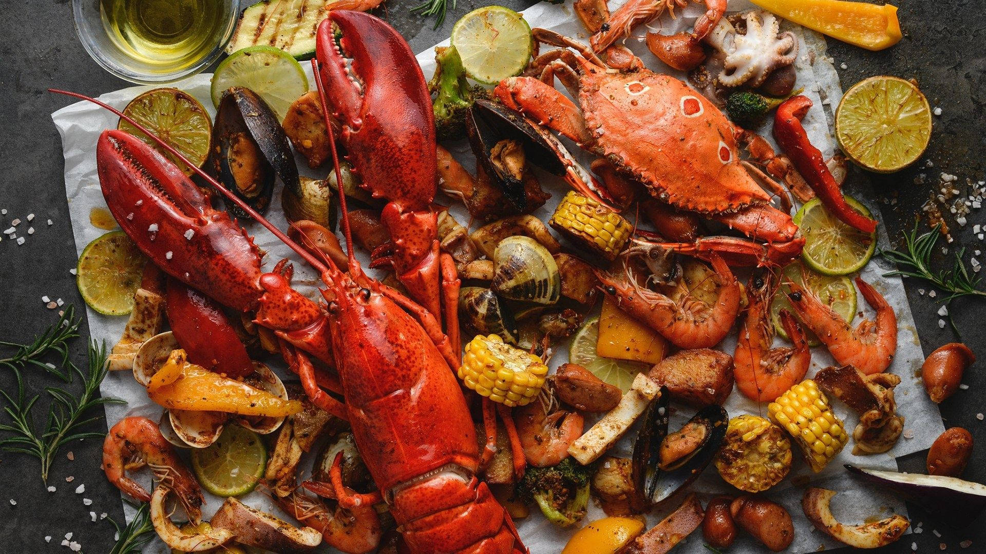 Lobster, crabs, corn, Full HD Desktop Wallpaper