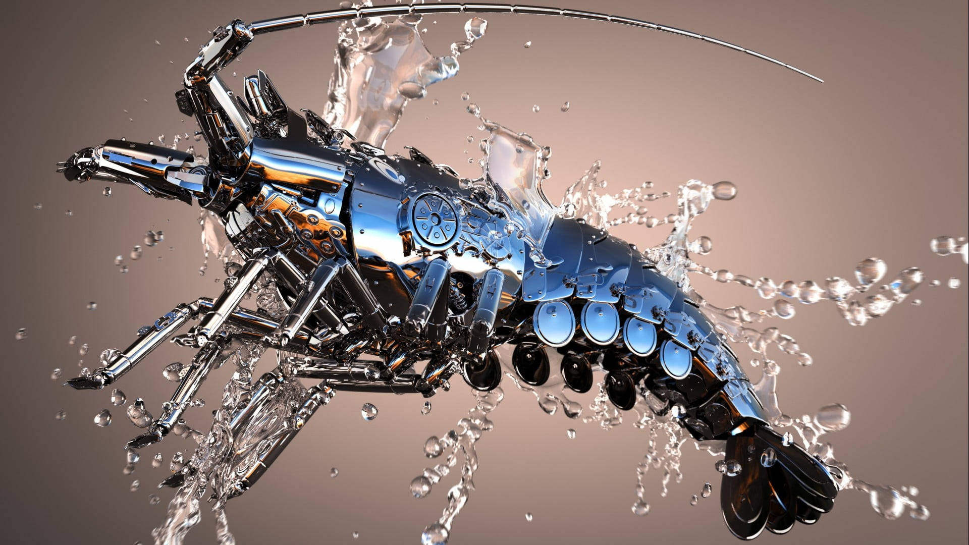 mechanical lobster, chrome, splashing water, Full HD Desktop Wallpaper