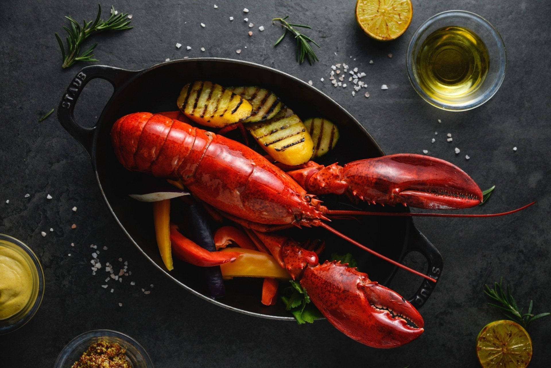 lobster, black cast iron dish, grilled vegetables, Full HD Desktop Wallpaper