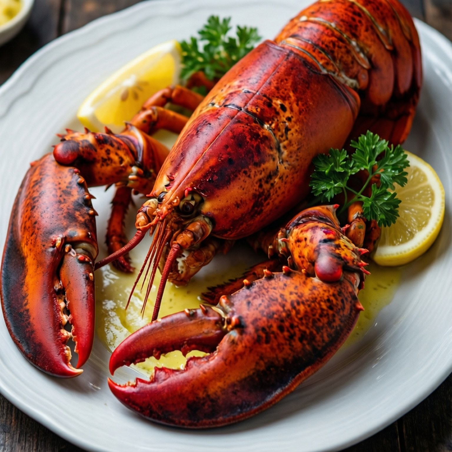 butter companion, vibrant red cooked lobster, white plate, HD Desktop Wallpaper