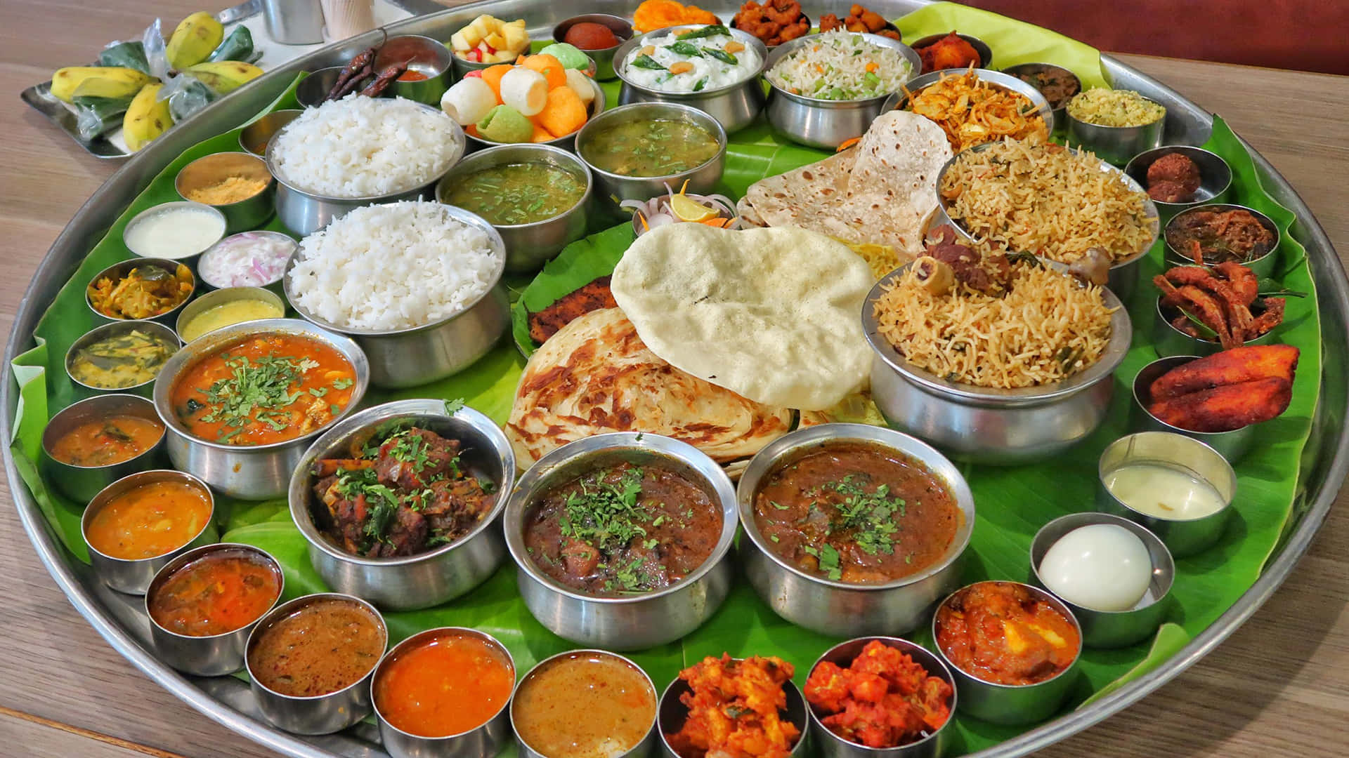traditional thali platter, Indian food, banana leaf, Full HD Desktop Wallpaper