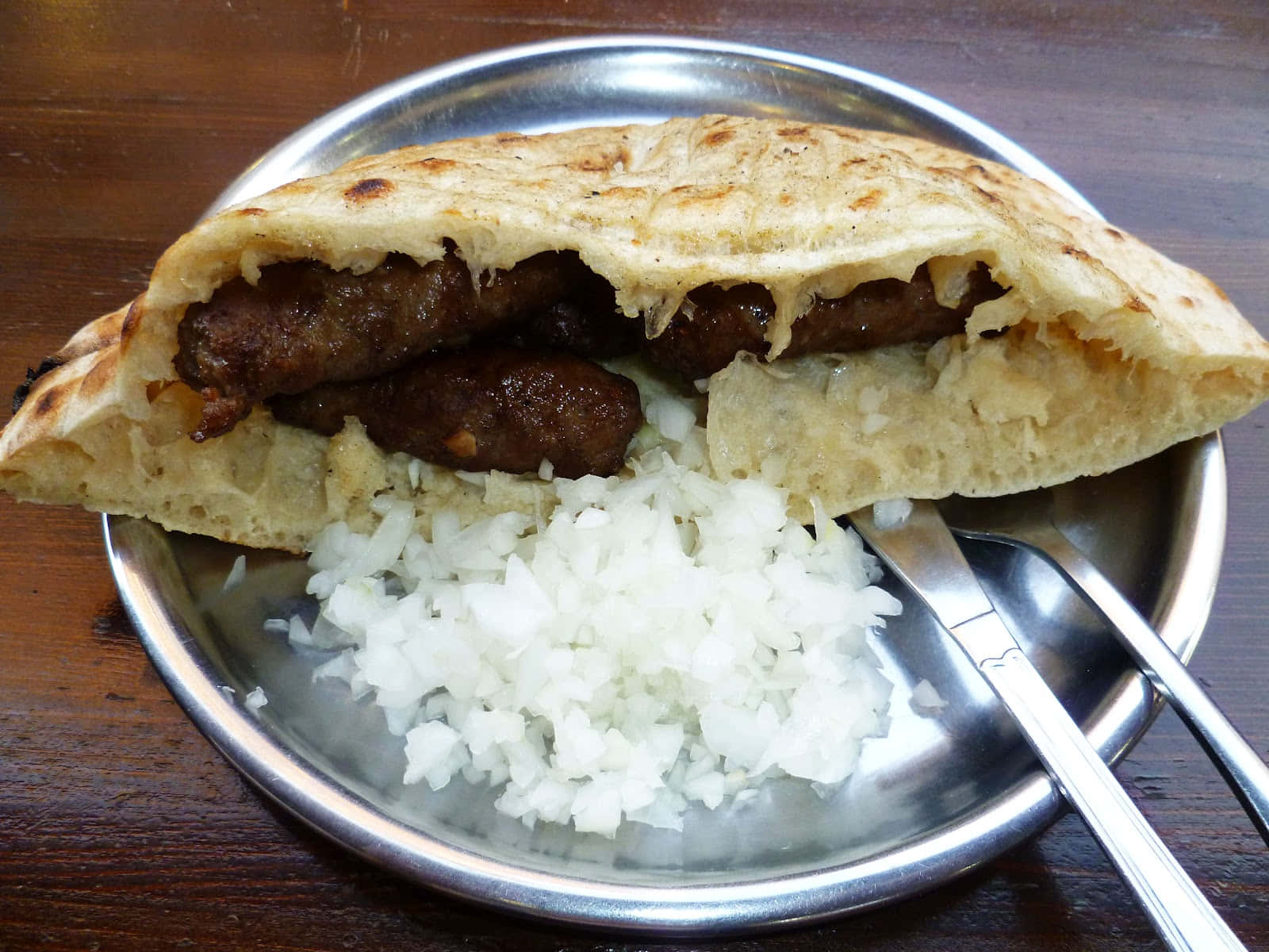 cevapi sausages, fluffy Pita Bread, metal plate, HD Desktop Wallpaper
