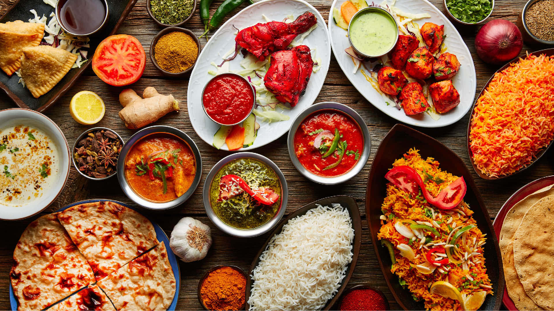 Indian cuisine, colorful curries, rice, Full HD Desktop Wallpaper