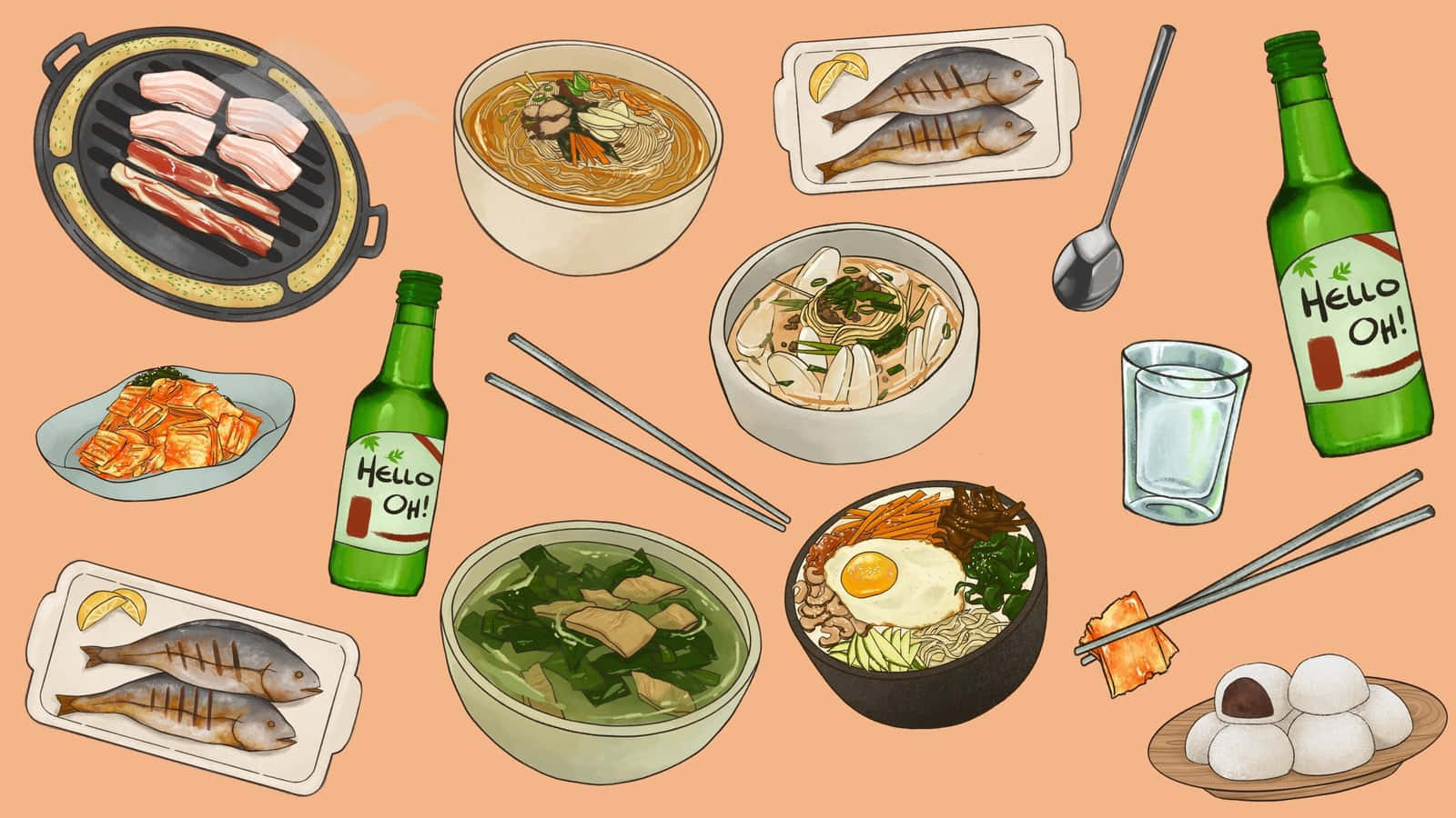 Korean dishes, grilled meat soup, fish rice bowls, HD Desktop Wallpaper
