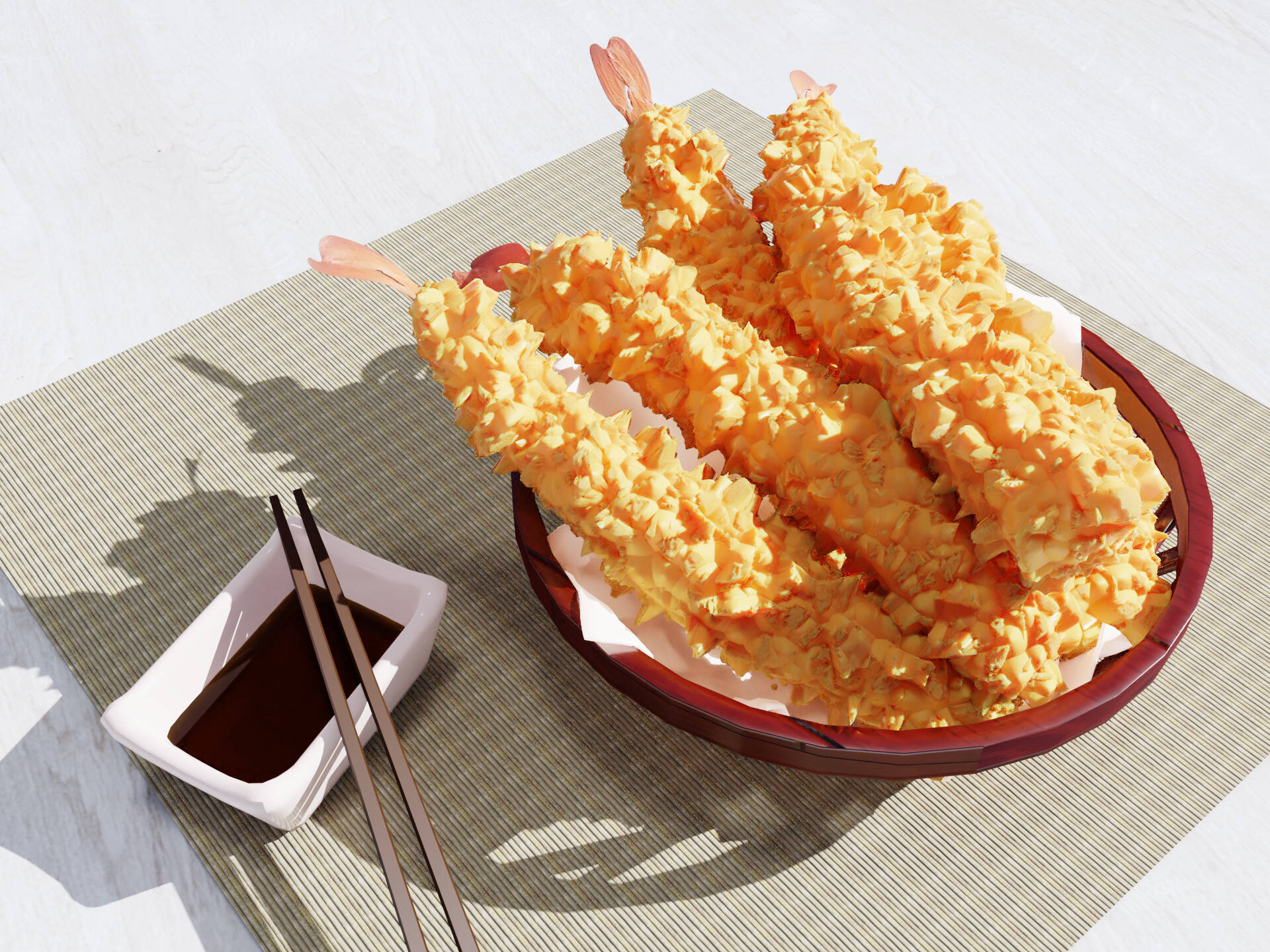 golden crispy tempura shrimp, wooden plate, soy sauce, Full HD Desktop Wallpaper