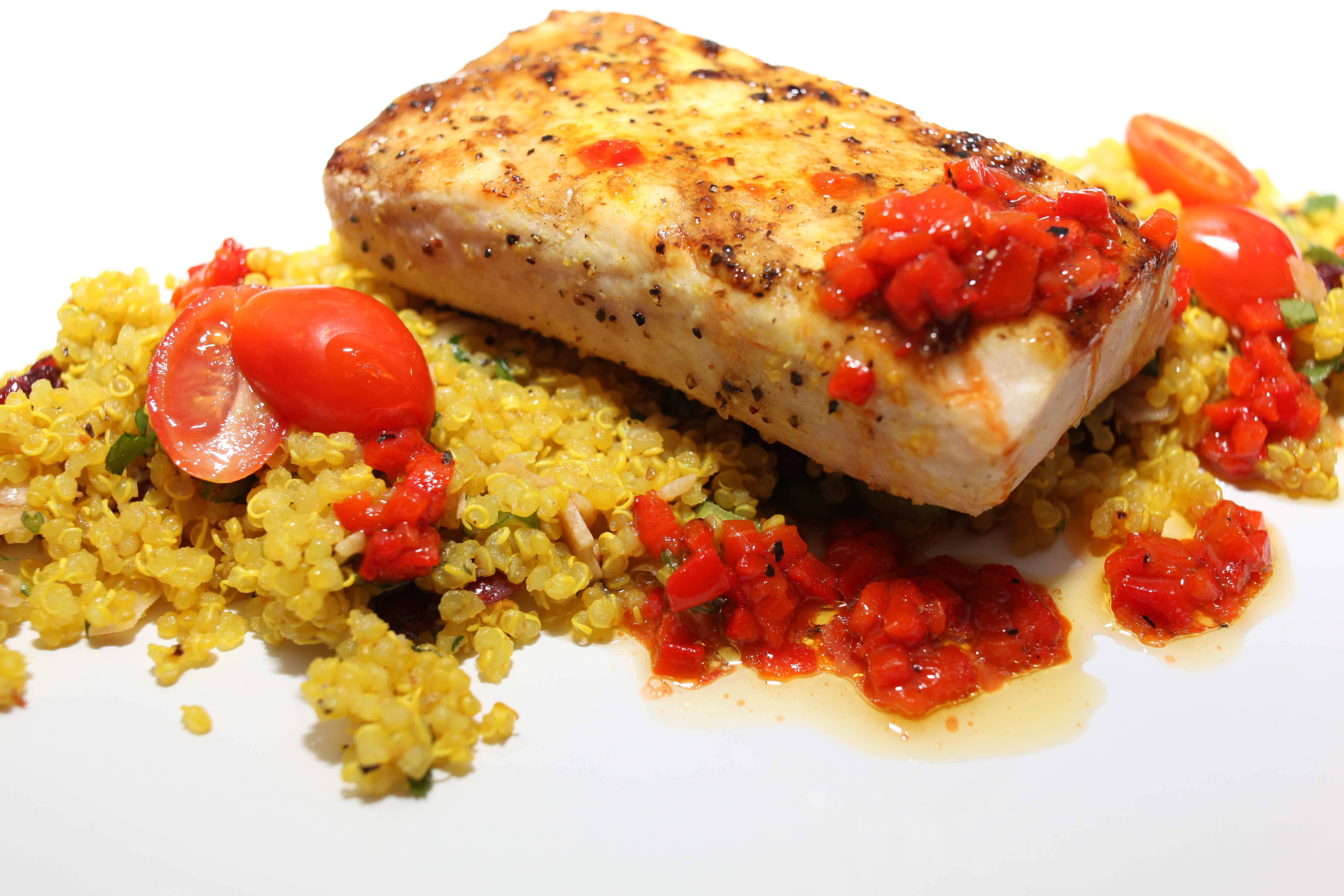 halibut, couscous, golden grilled fish fillet, 5K Desktop Wallpaper