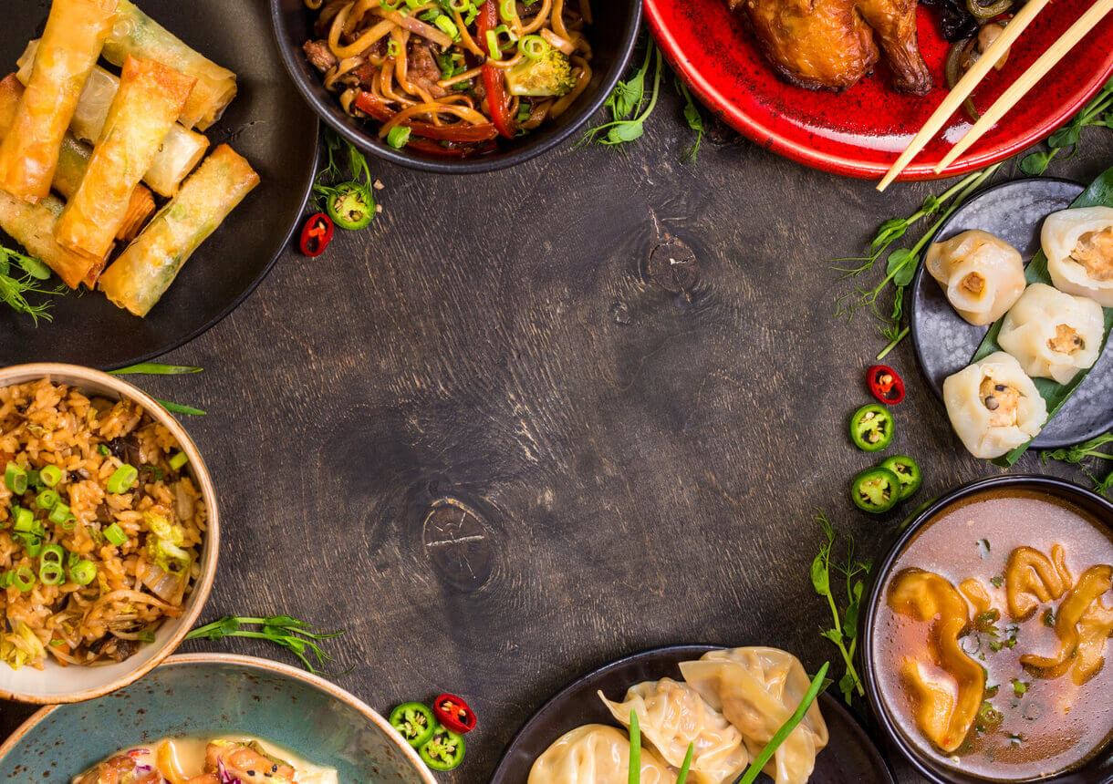 rustic wooden table, appetizing spread of Asian dishes, dumplings, SD Desktop Wallpaper