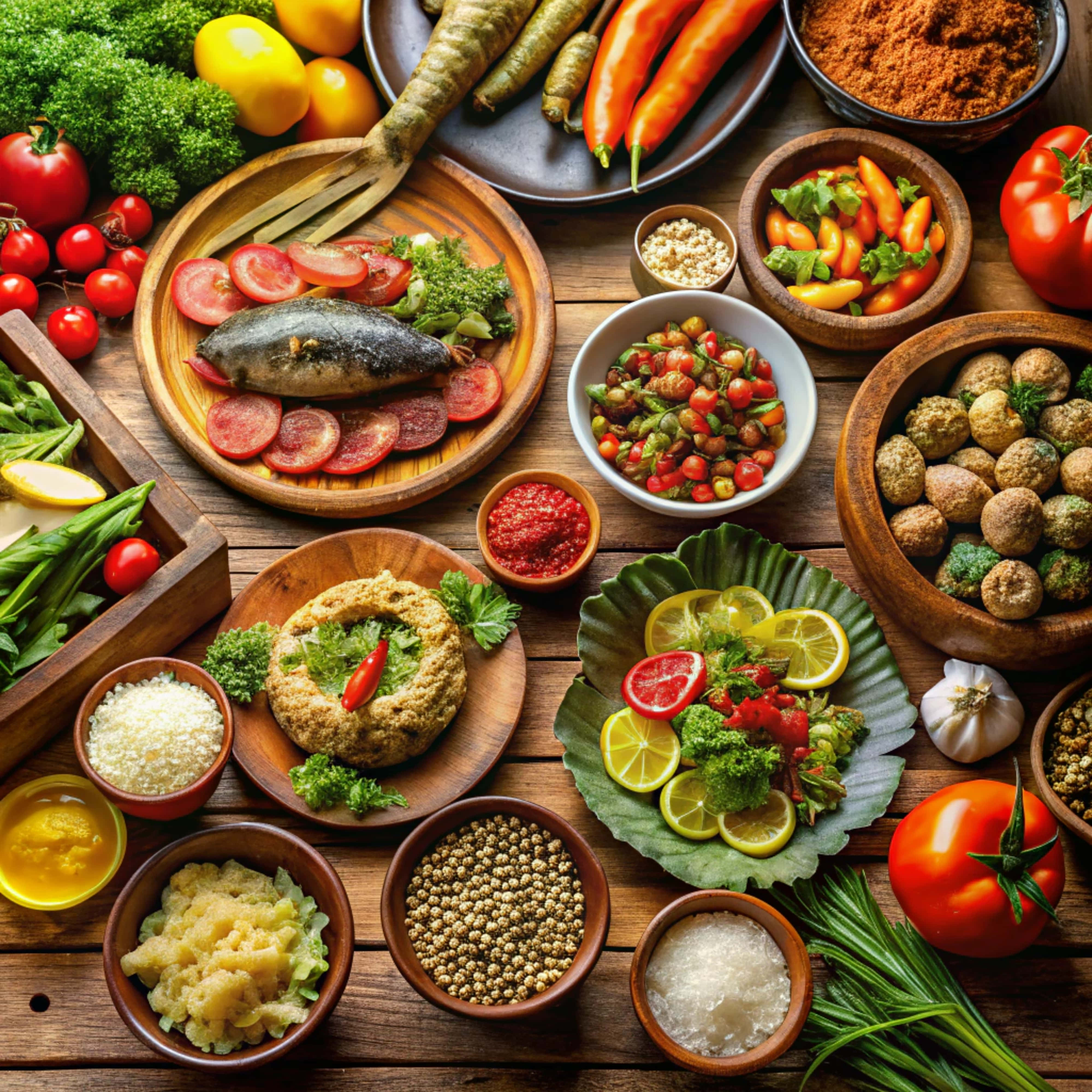 rustic wooden table, colorful fresh vegetables, spices, 4K Desktop Wallpaper