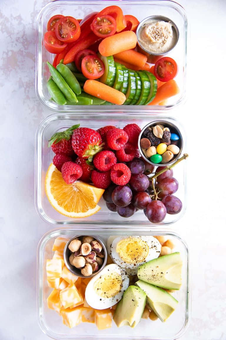 local food, glass meal prep containers, colorful fresh fruits vegetables nuts and eggs, SD Phone Wallpaper