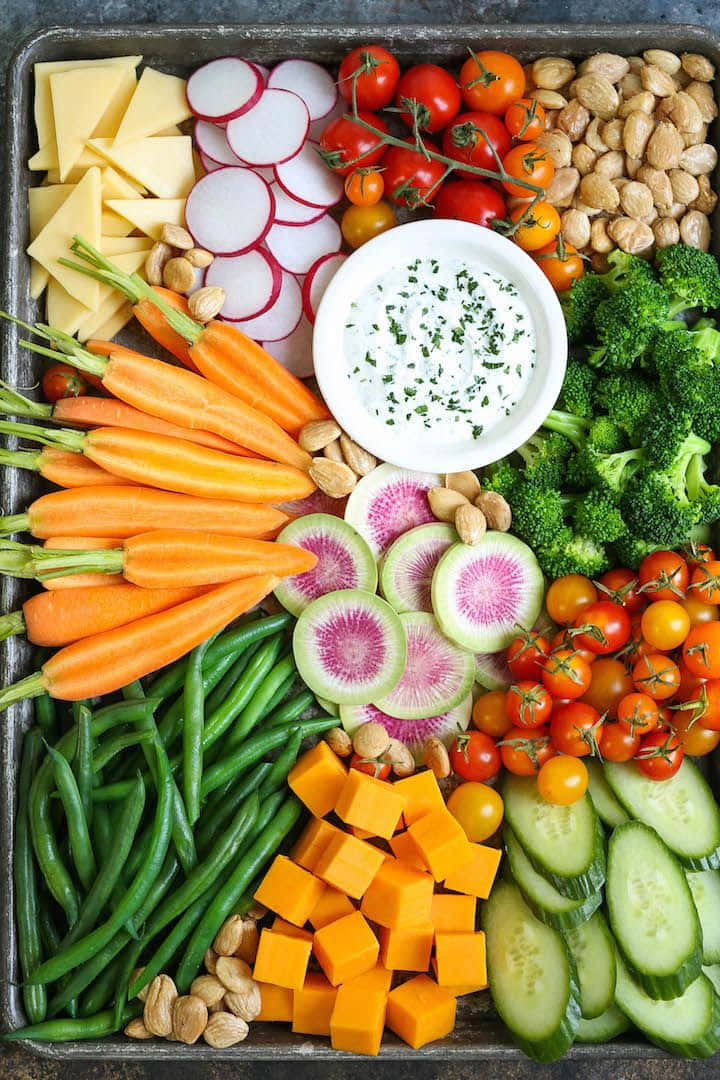 metal tray, colorful fresh vegetables, nuts, SD Phone Wallpaper