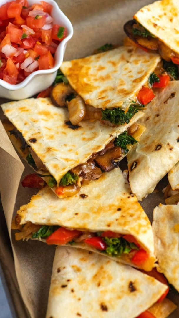 quesadillas, mushrooms, kale, SD Phone Wallpaper
