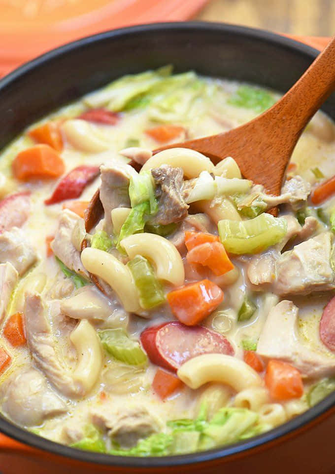 creamy chicken noodle soup, carrots, celery, SD Phone Wallpaper