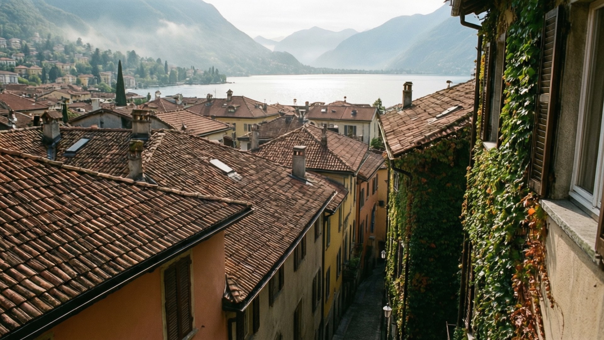 Locarno, old town rooftops, lake, Full HD Desktop Wallpaper