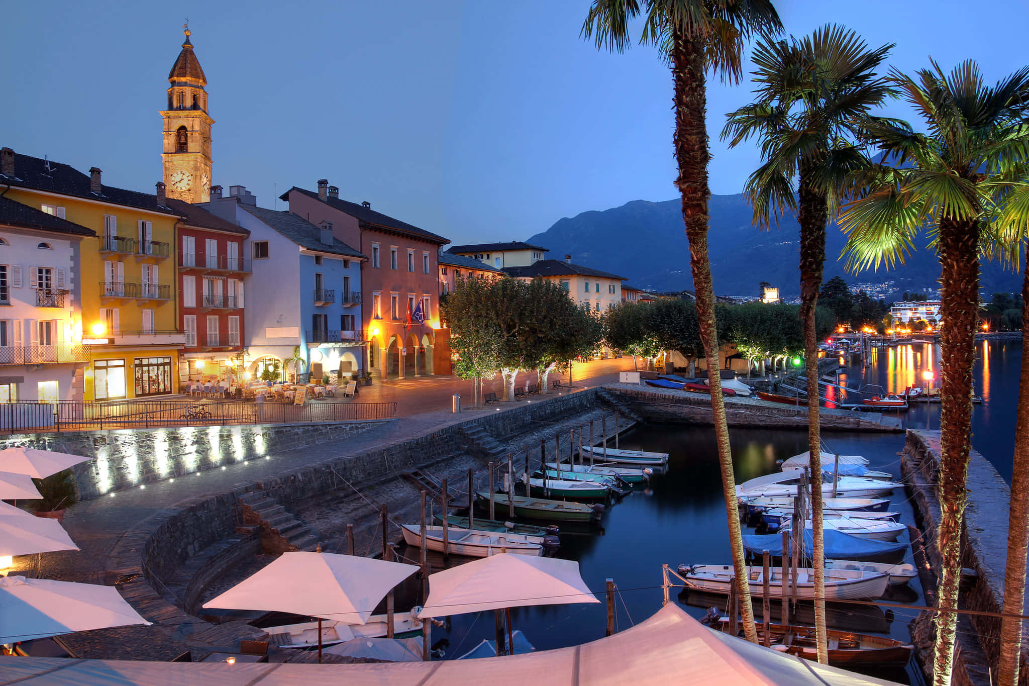 Locarno, lakefront, evening, Full HD Desktop Wallpaper
