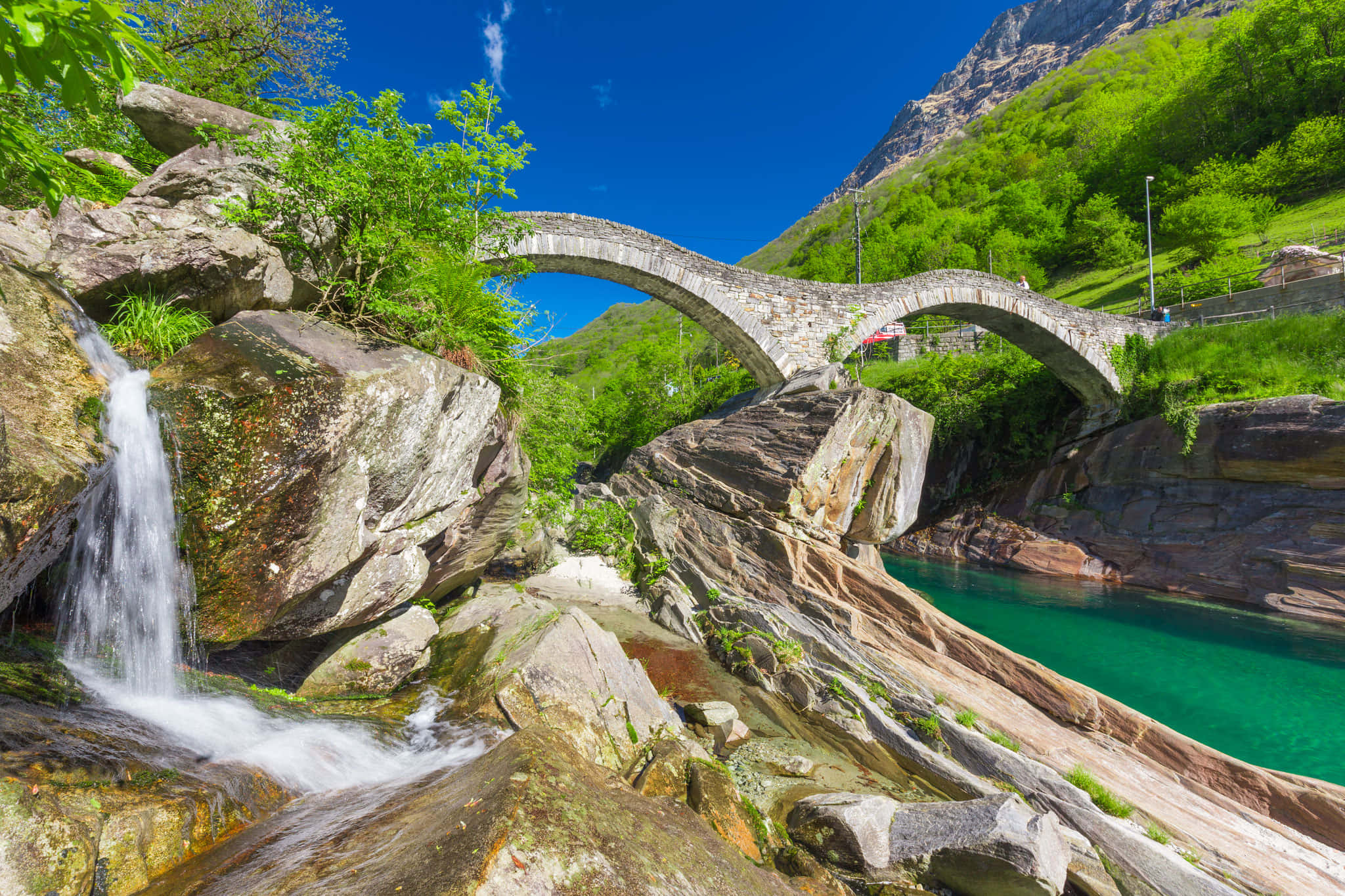 Locarno, stone arch bridge, turquoise river, Full HD Desktop Wallpaper