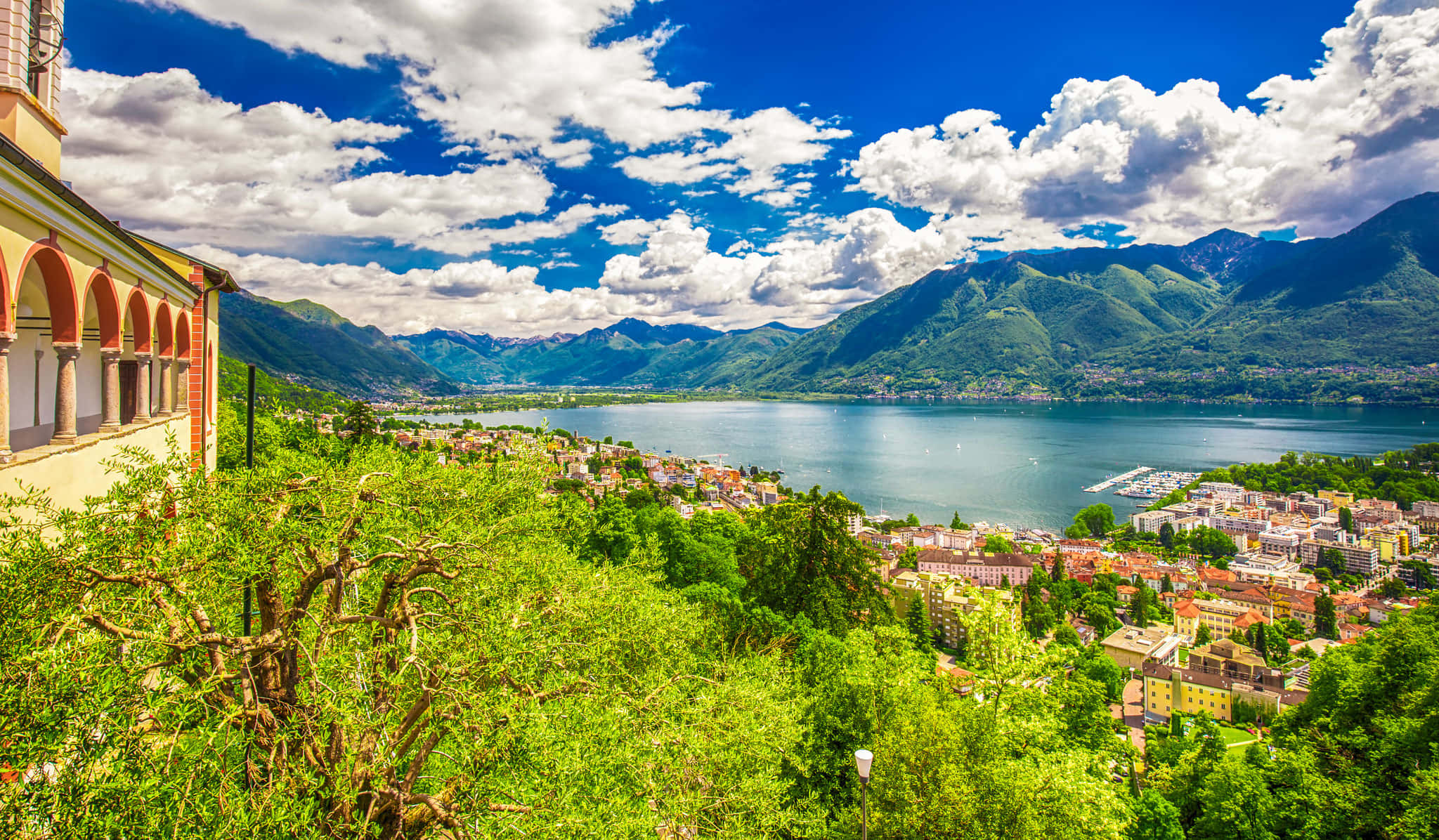 Locarno, lakeside scenery, lush green hills, Full HD Desktop Wallpaper