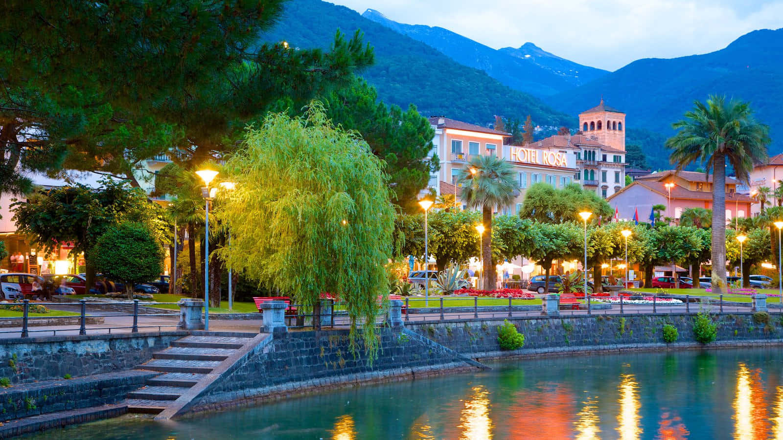 Locarno, lakeside, evening, HD Desktop Wallpaper