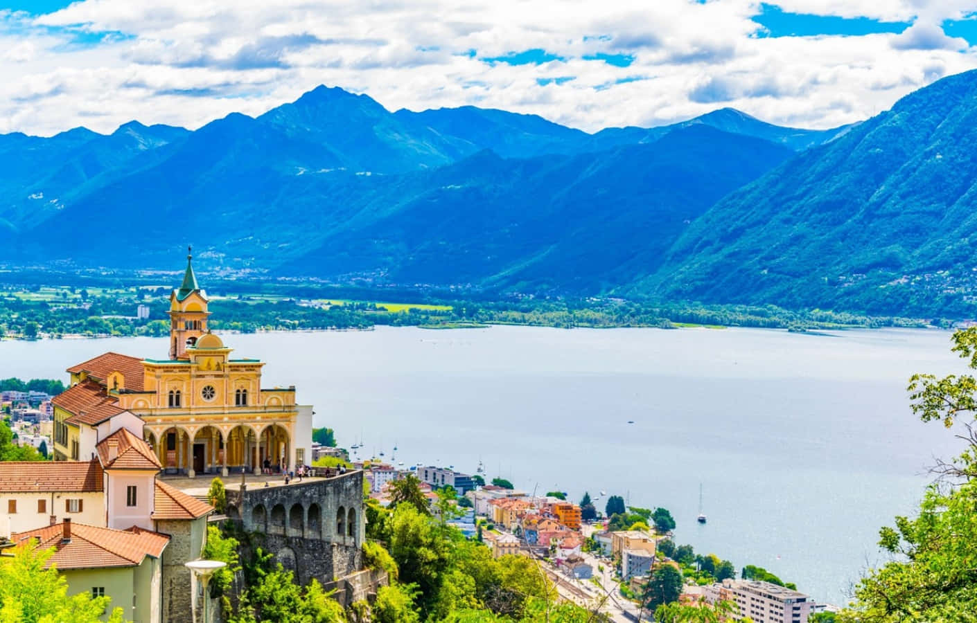 Locarno, yellow church, cliff, HD Desktop Wallpaper