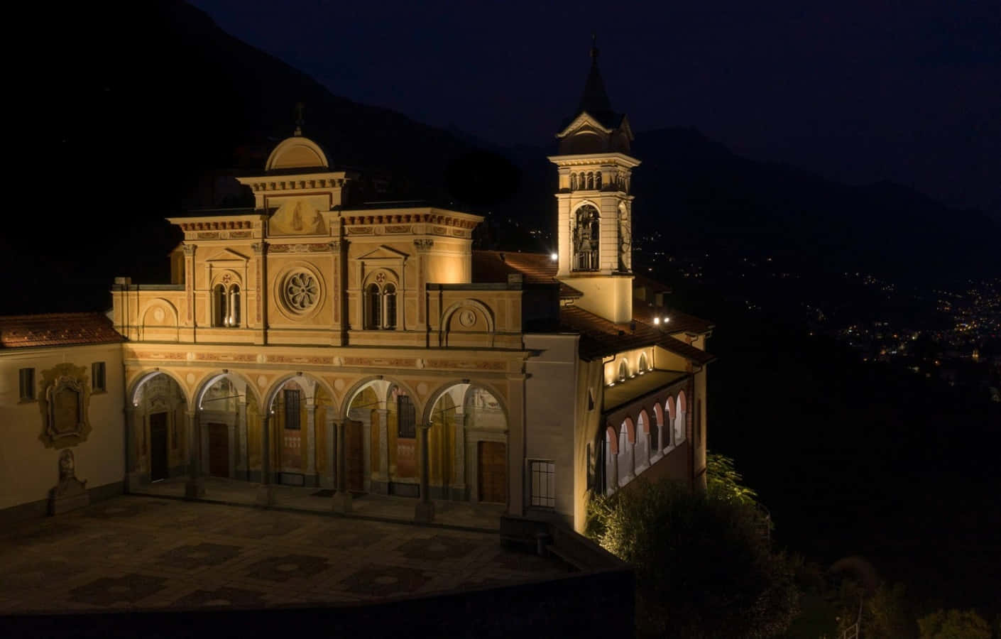 Locarno, sunset, illuminated church, HD Desktop Wallpaper