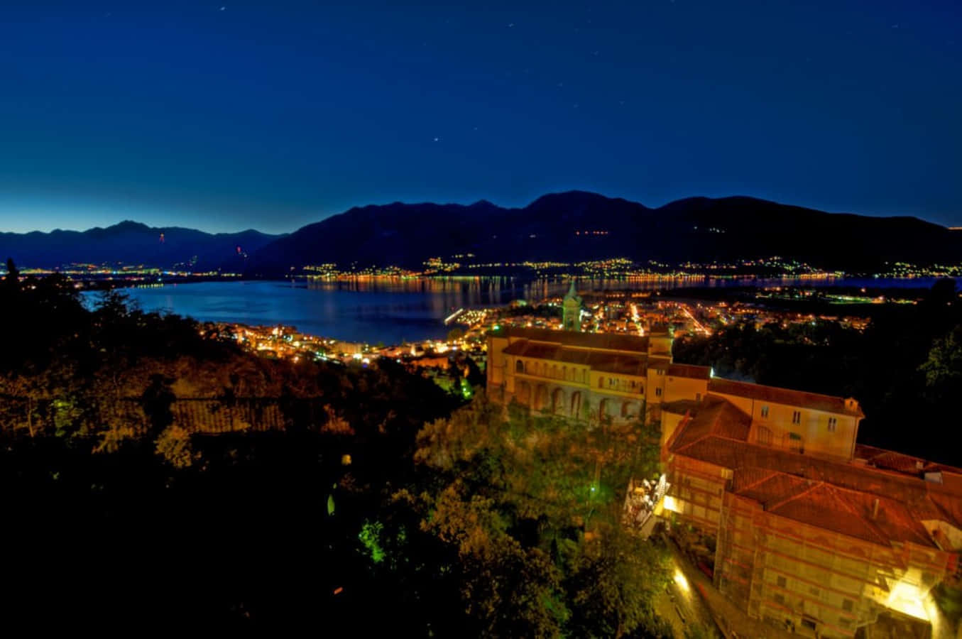 Locarno, nighttime, lakeside town, HD Desktop Wallpaper