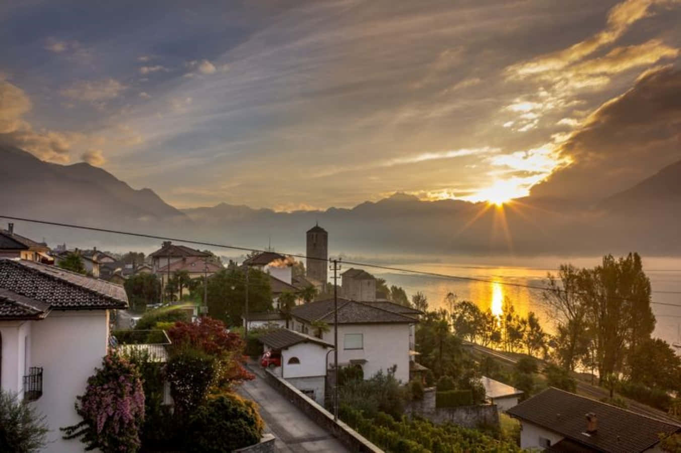 Locarno, sunset, lakeside village, HD Desktop Wallpaper