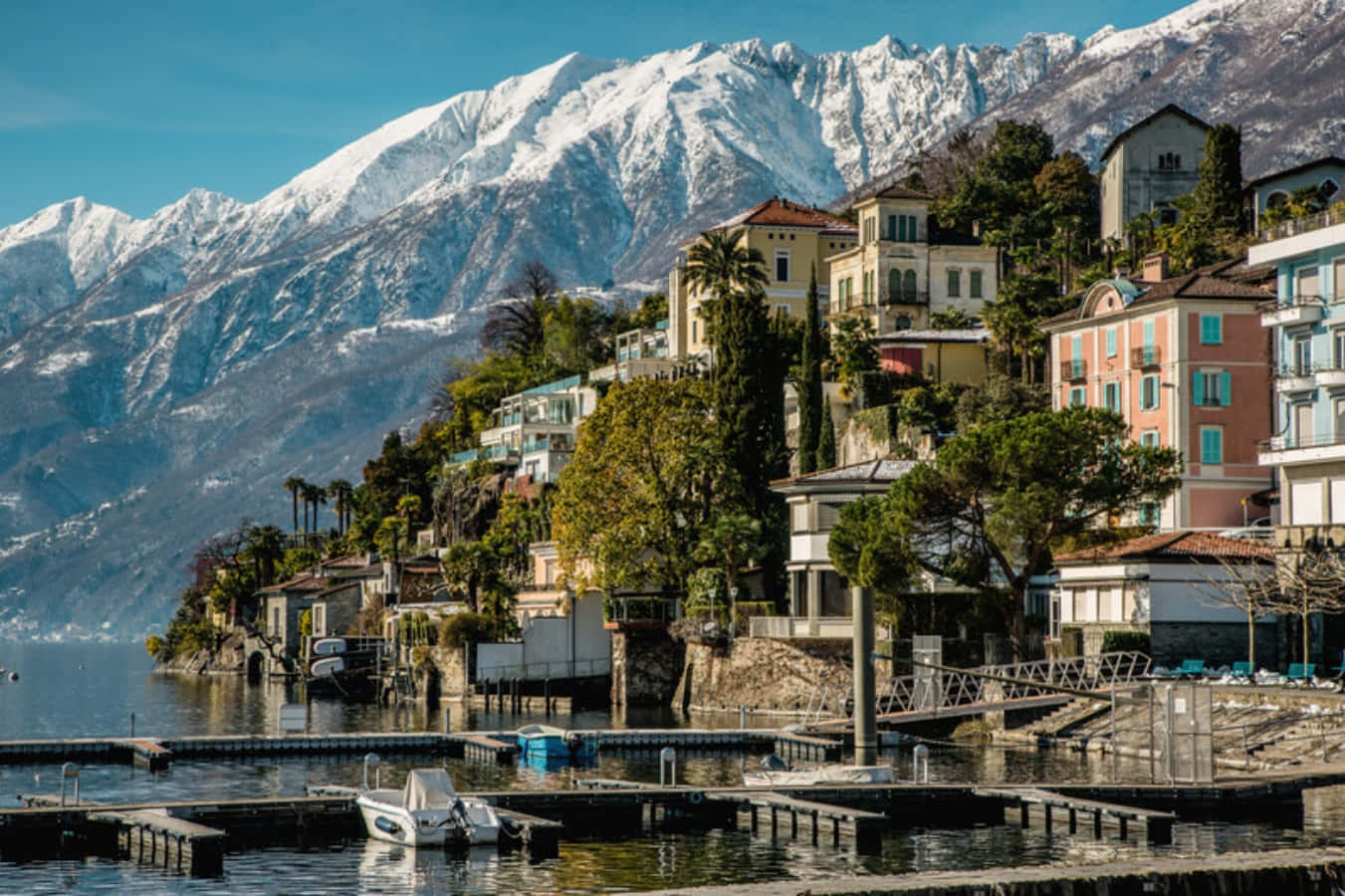 Locarno, lakeside villas, snow-capped mountains, HD Desktop Wallpaper