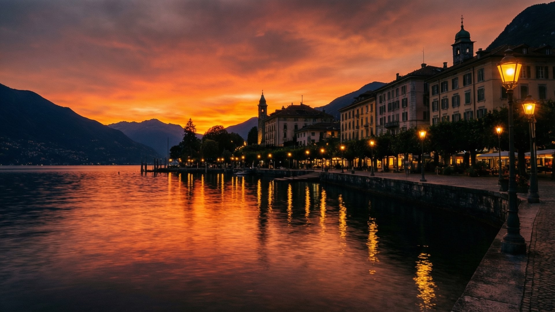 Locarno, Sunset, Lakeside, Full HD Desktop Wallpaper