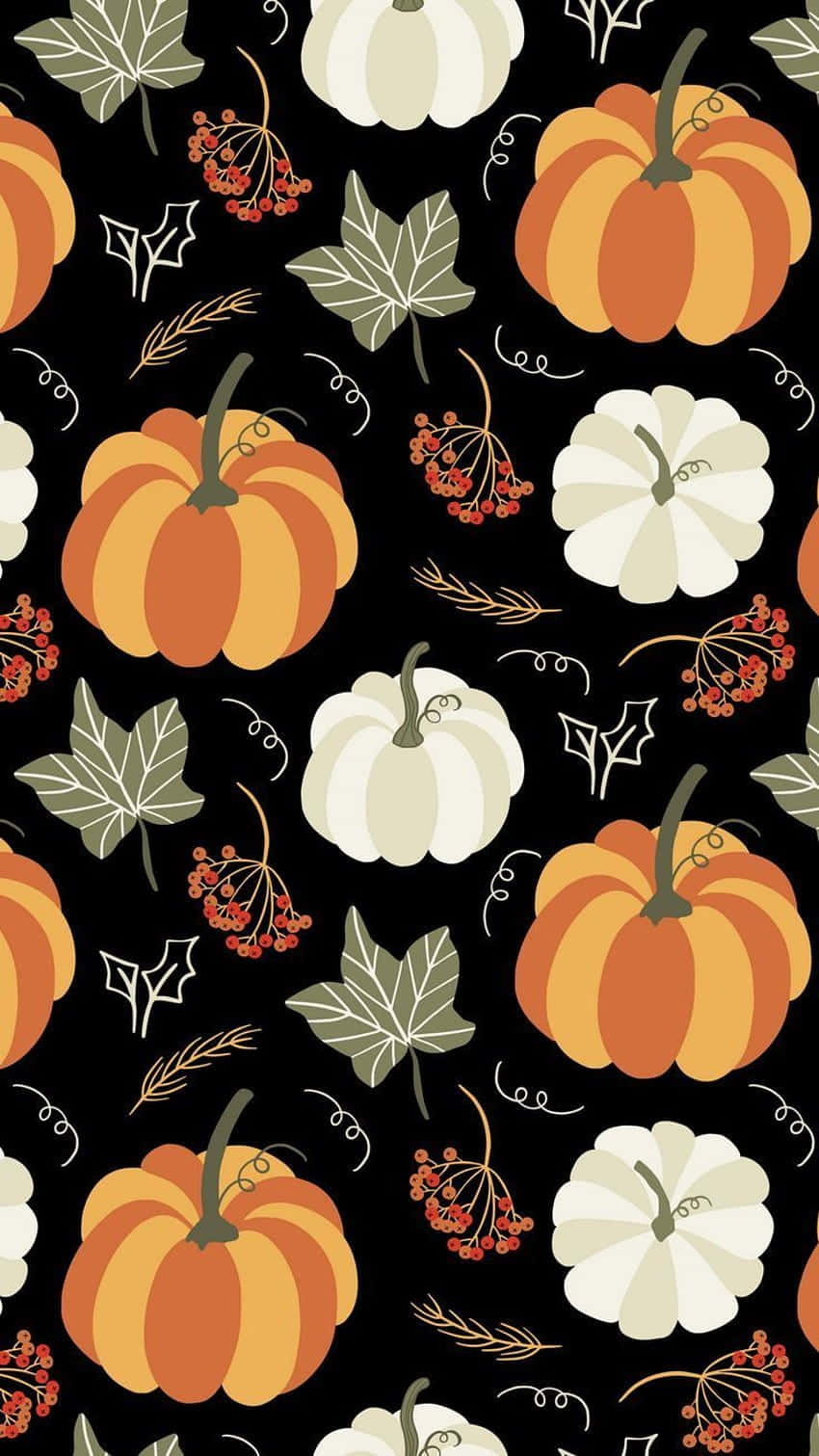 autumn pumpkin pattern, orange and white pumpkins, green leaves, HD Phone Wallpaper
