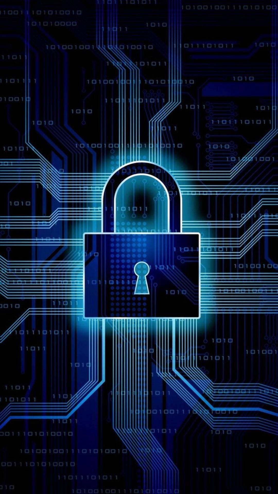 glowing blue digital padlock, circuit board, binary code, Full HD Phone Wallpaper